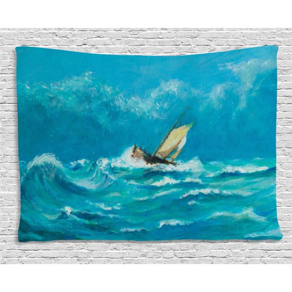 Sailboat Tapestry, Oil Painting Style Lonely Sailing Ship Struggling in Stormy Weather, Wall Hanging for Bedroom Living Room Dorm Decor, 80W X 60L Inches, Blue Baby Blue Cream, by Ambesonne