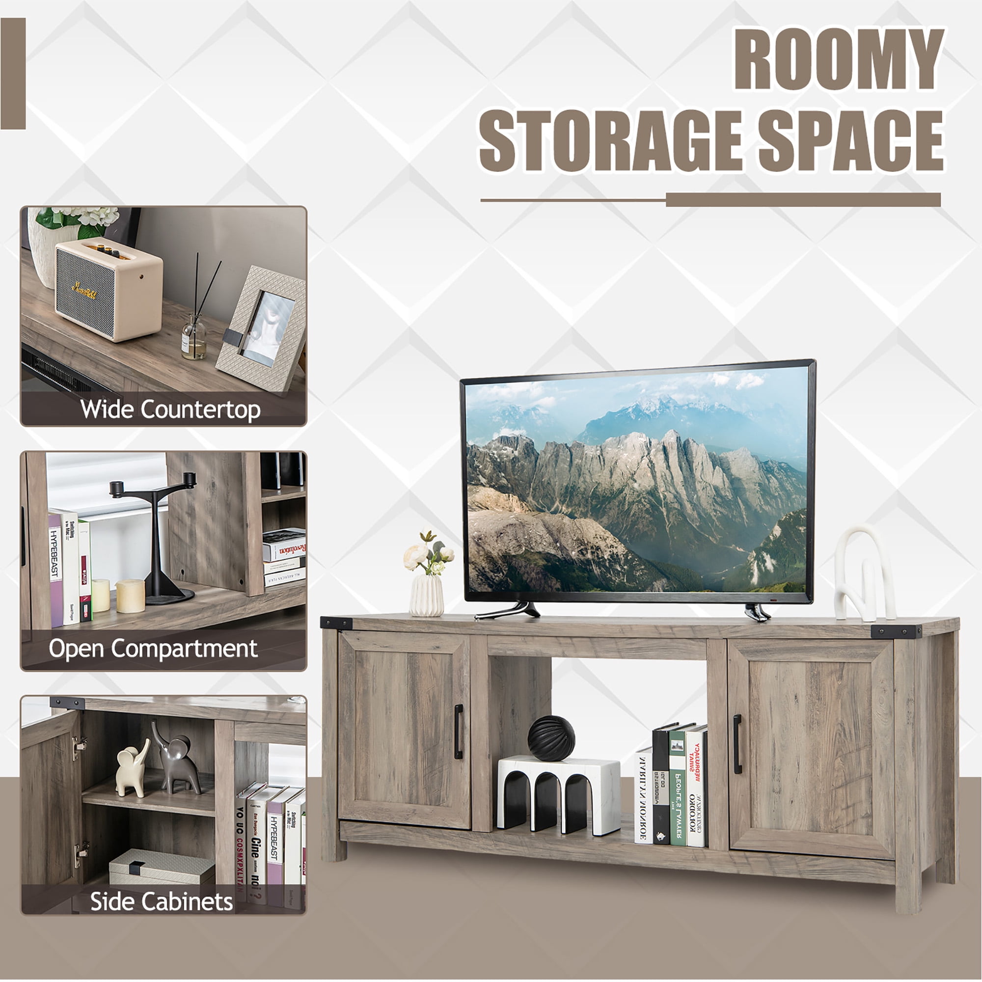 Costway 62'' Farmhouse TV Stand Entertainment Center for TVs up to 70 Inches Natural
