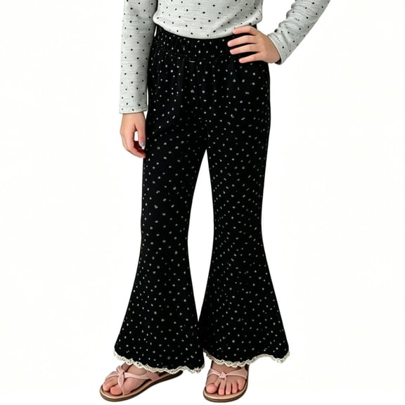 SHTXOZHI Girl's Stretchy Casual Pants High Waist Cute Print Flared Pants Lace Trim Vacation Party Soft Bottoms