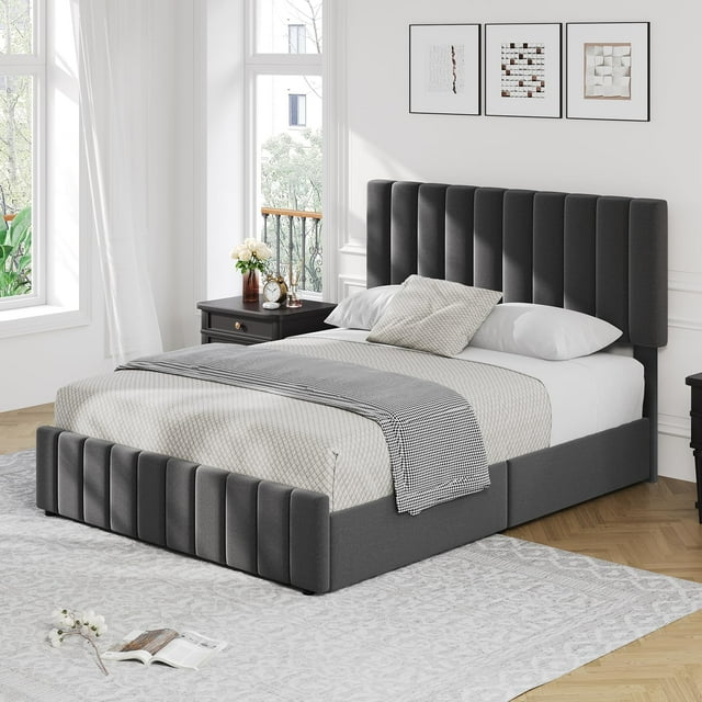 EDTara Large Upholstered Bed Frame with Storage Drawers, Adjustable Headboard, Velvet Platform with Wooden Slats, No Box Spring Needed