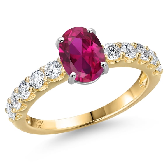 Gem Stone King 14K Two Tone Gold Red Created Ruby and Lab Grown Diamond Engagement Ring for Women | 2.00 Cttw | Oval 8X6MM | Gemstone July Birthstone | Size 8