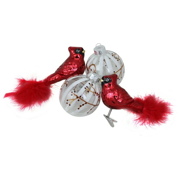 Cardinal Birds and Twig Christmas Ball Glass Ornaments - 6.25" (155mm) - 4ct
