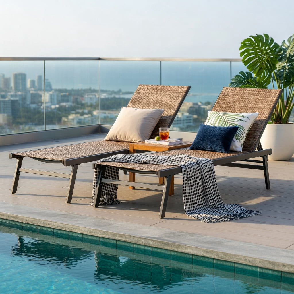 Hommoo 2-Person Adjustable Outdoor Chaise Lounge Chair with Weatherproof Center Tray, Steel Patio Recliner for Backyard, Poolside, or Deck, Brown