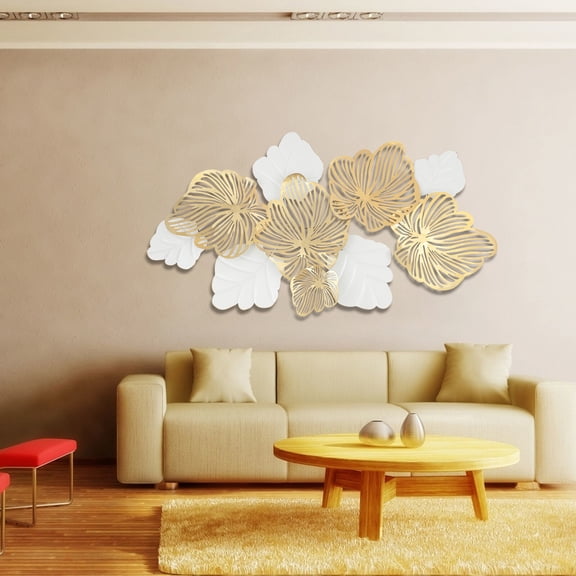 Metal Flowers &Leaves Wall Art Large White  Gold Sculpture Hanging Home Decor for Living Rooms, Bedrooms