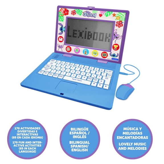 Lexibook Disney Stitch, Bilingual and Educational Laptop English/Spanish, Toy for Children, 170 Activities to Learn, Play Games and Music, Large Screen