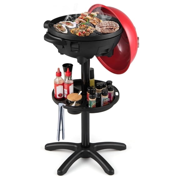 Electric Grill Outdoor, 2-in-1 Freestanding & Grills w/Non-stick Grill Plate, Temperature Control, 2 Grilling Zones, Storage Tray, Portable BBQ Grill for Patio, Party, Backyard Red