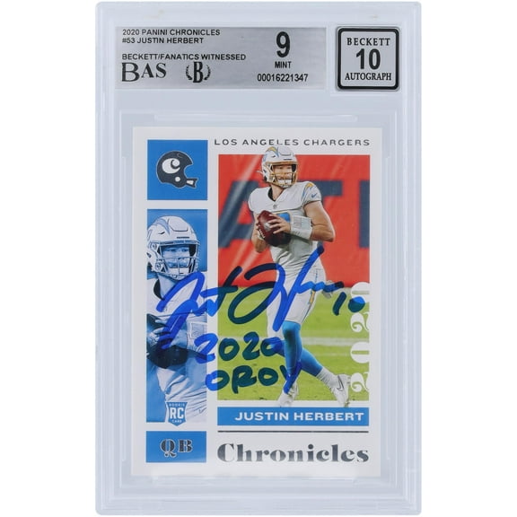 Justin Herbert Los Angeles Chargers Autographed 2020 Panini Chronicles #53 Beckett Fanatics Witnessed Authenticated 9/10 Rookie Card with "2020 OROY" Inscription - Fanatics Authentic Certified