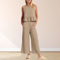 thumbnail image 1 of Completo Pantalone Lungo Conjunto de pantalones de 2 piezas para damas Chaleco de algodón plisado Top Pantalones de pierna recta Traje diario Cgtredaw Caqui Xl para Mujer, 1 of 1