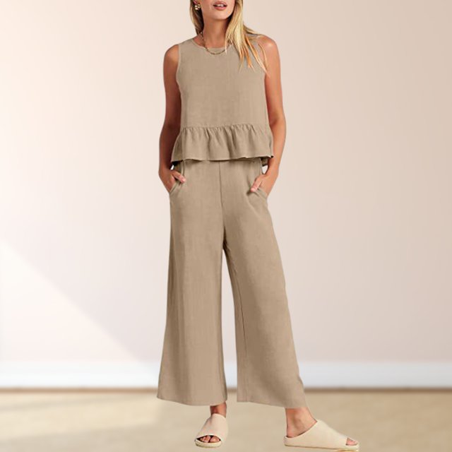 Completo Pantalone Lungo Conjunto de pantalones de 2 piezas para damas Chaleco de algodón plisado Top Pantalones de pierna recta Traje diario Cgtredaw Caqui Xl para Mujer