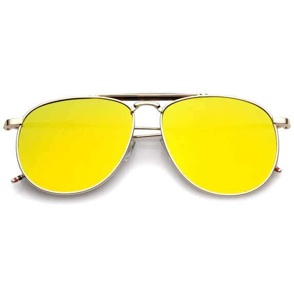 sunglassLA Unisex Oversize Metal Double Nose Bridge Slim Temple Colored Mirror Super Flat Lens Aviator Sunglasses 57mm (Gold-Tortoise / Y) - 57mm