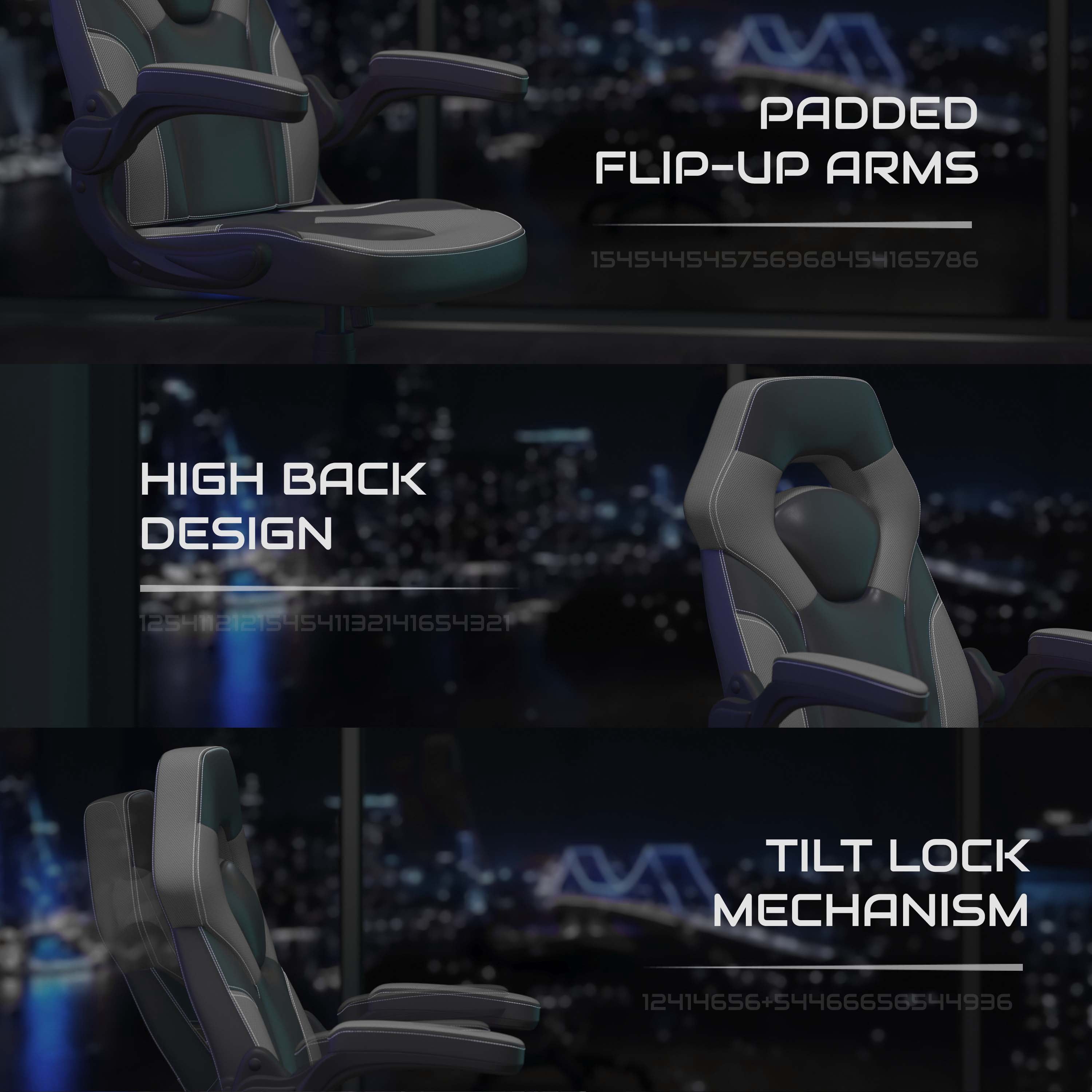 BlackArc High Back Gaming Chair with Gray and Black Faux Leather Upholstery, Height Adjustable Swivel Seat & Padded Flip-Up Arms