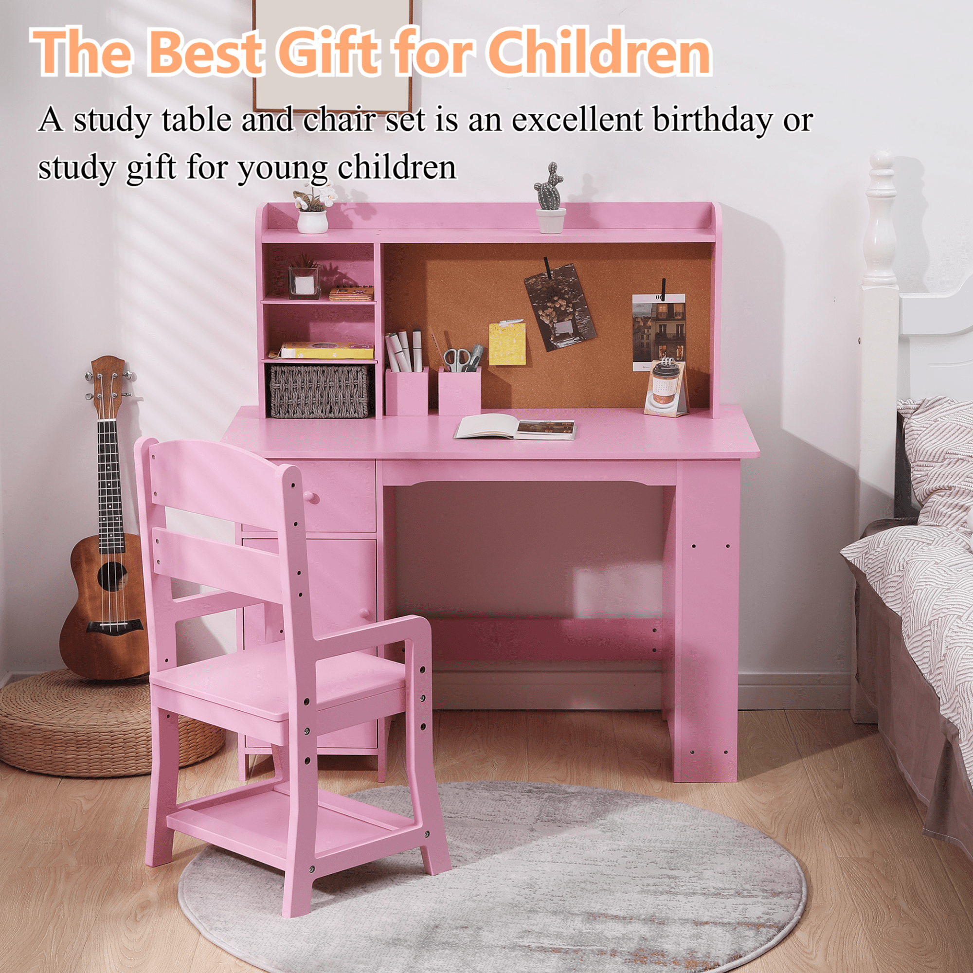 Kids Desk and Chair Set, Wooden Children Study Table with Storage Shelves, Cork Bulletin Board, Drawer and Cabinet, Pink, White