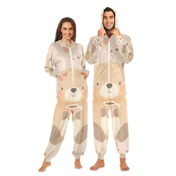 Cute Cartoon Bear Adult Onesie Pajamas Slim Fit Christmas One Piece Suit Pjs for Women and Men Hooded Zipper