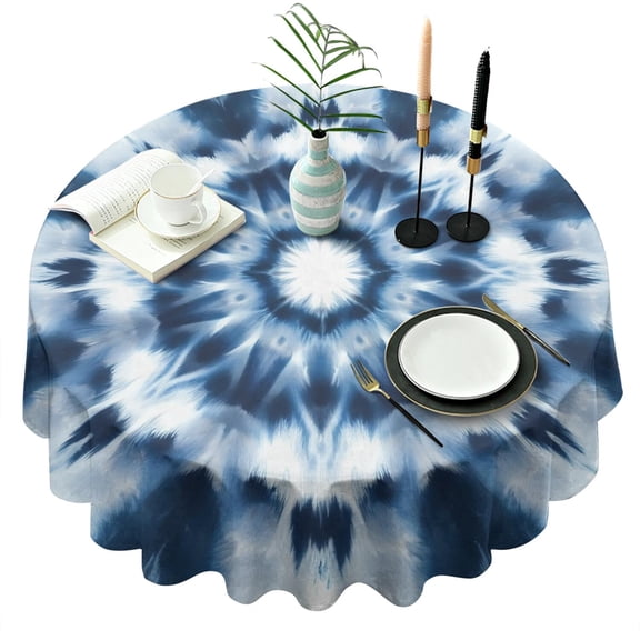 Blue Tie Dye Mandala Pattern Round Tablecloth 60"x60",Wrinkle Wipeable Table Cloth for Kitchen Dining Room Picnic Patio Party