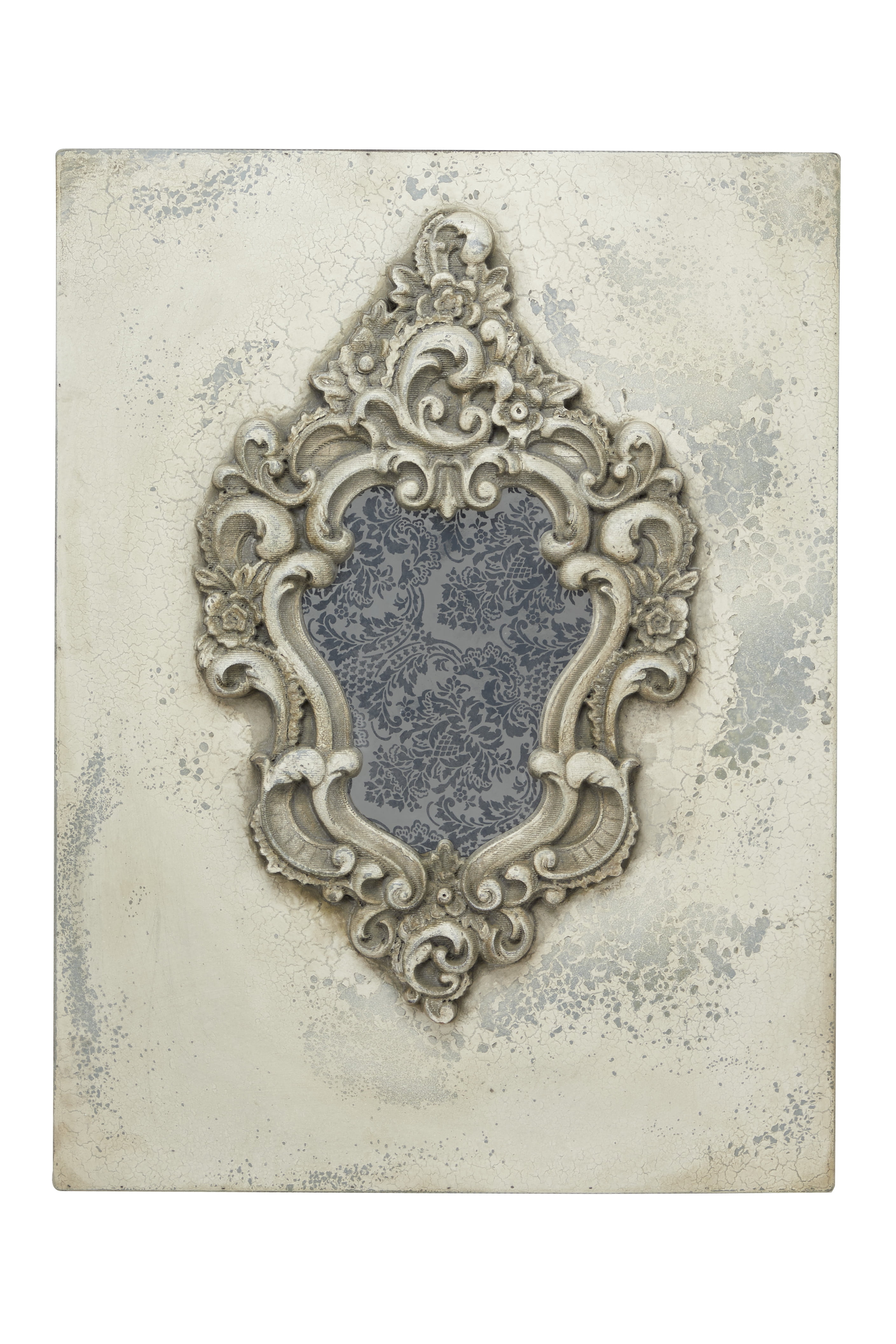 DecMode Large Gray and Beige Antique Frame with Damask Print Wooden Wall Plaque, 23.5” x 31.5”