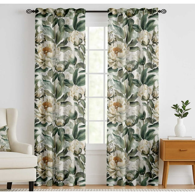 Vargottam Cotton Curtains for Windows - 3-in-1 Rod Pocket/Back Tab Short Window Drapes - Light Filtering Cotton Panels - Set of 2, 52"x63" - Peony Botanical Print (Orange)
