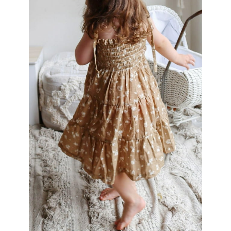 Qtinghua Baby Girl Sister Matching Outfits Little Sister Sling Ruched Floral Romper Big Sister Dress Summer Clothes Brown Dress 12 18 Months Walmart