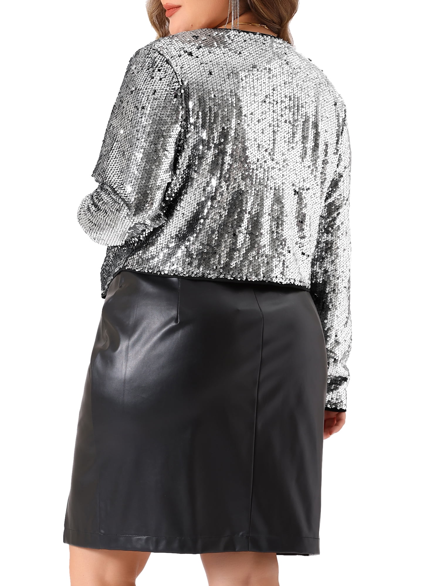 DARING DIVA Women's Plus Sequin Cardigan Glitter Shinny Long Sleeve Shrug 2X Silver