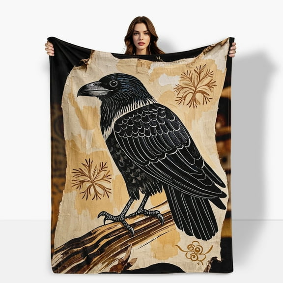 Raven Branch Orange Design Flannel Blanket Soft Warm Comfortable For Sofa Bed Travel Camping Living Room Office Chair Polyester Fiber Gift For Family Or Friends