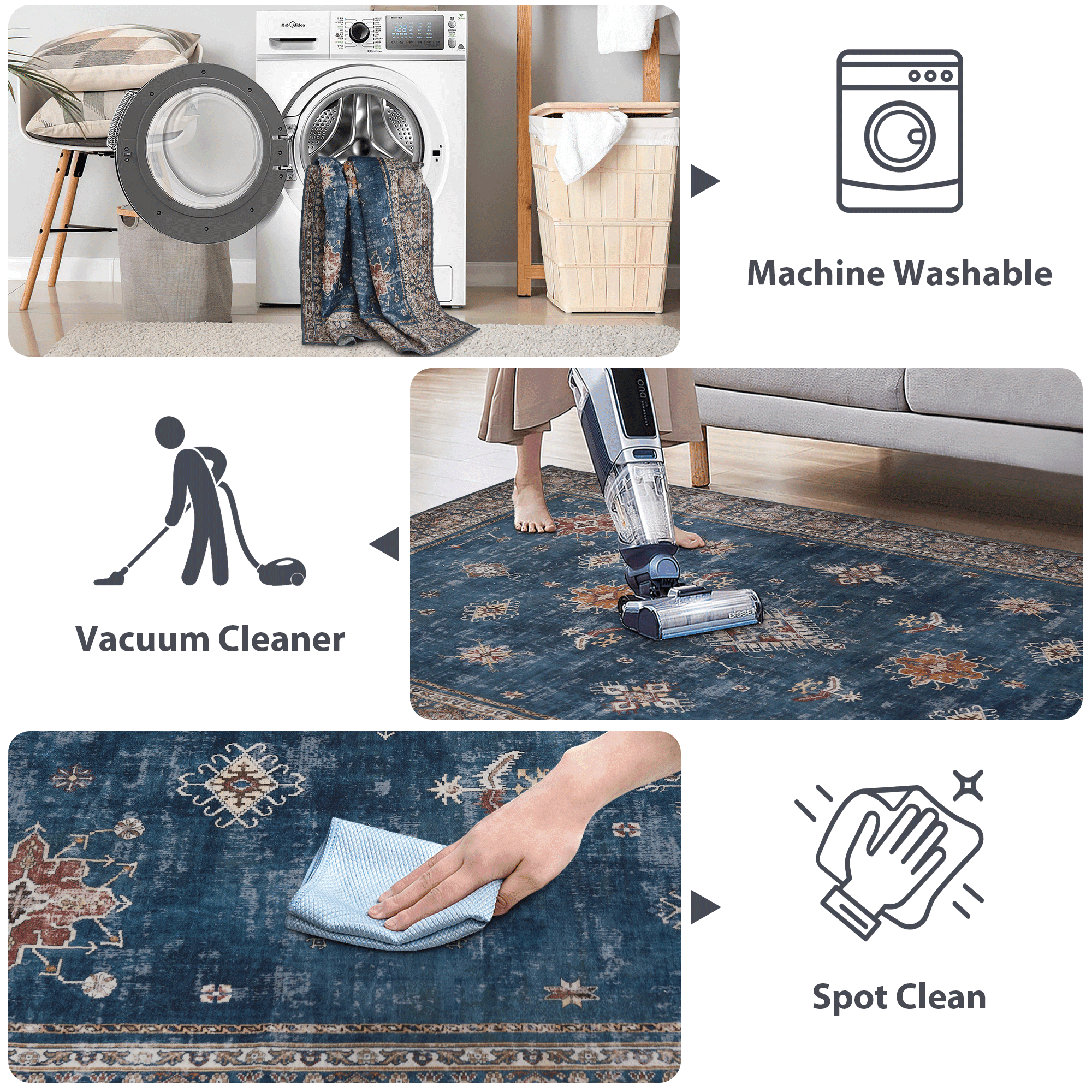NICETOWN Area Rug 2'x3' Entryway Rug, Machine Washable Non-Slip Stain Resistant Floor Mat & Doormat Thin Foldable Floral Print Indoor Rug for Bedroom Bathroom, Dark Blue