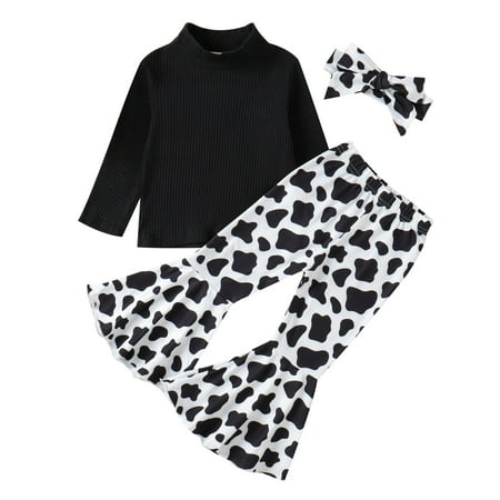 

Toddler Girls Long Sleeve Ribbed T-Shirt Tops Leopard Printed Bell Bottoms Pants Headbands Kids Outfits Features:
