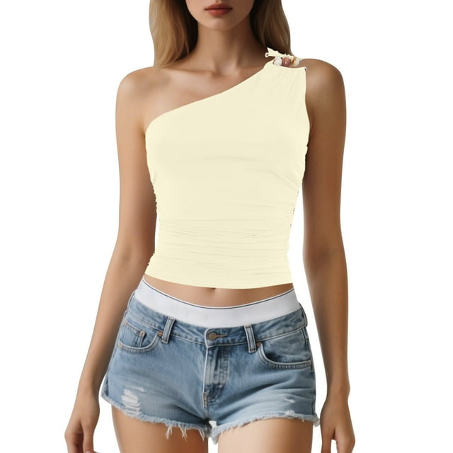 Camiseta corta sexy con hombros descubiertos y pedrería para mujer: corte ajustado, largo corto, para combinar con pantalones de cintura alta (tallas S-L)