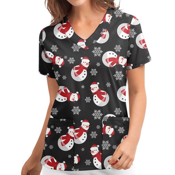 Blusa de manga corta con cuello en V para mujer, uniforme con bolsillos estampados de Navidad Pompotops hkajfhjk457620