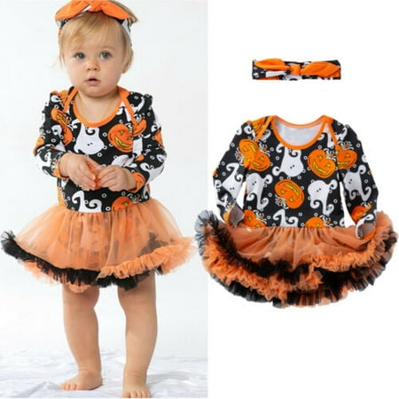 Pudcoco Halloween Baby Girls Ghost Pumpkin Fancy Dress Party Tutu Romper Headband Outfit