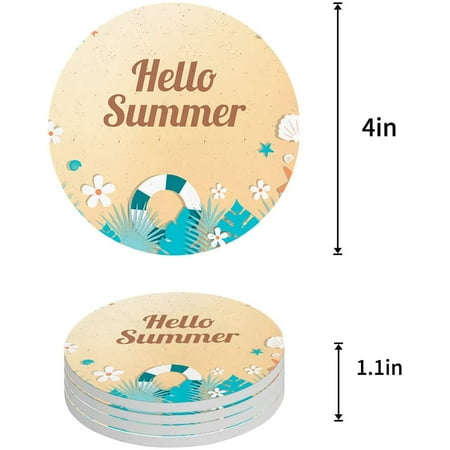 

FMSHPON Hello Summer Beautiful Beach Seascape Starfish and Conch Set of 6 Round Coaster for Drinks Absorbent Ceramic Stone Coasters Cup Mat with Cork Base for Home Kitchen Room Coffee Table Bar Decor