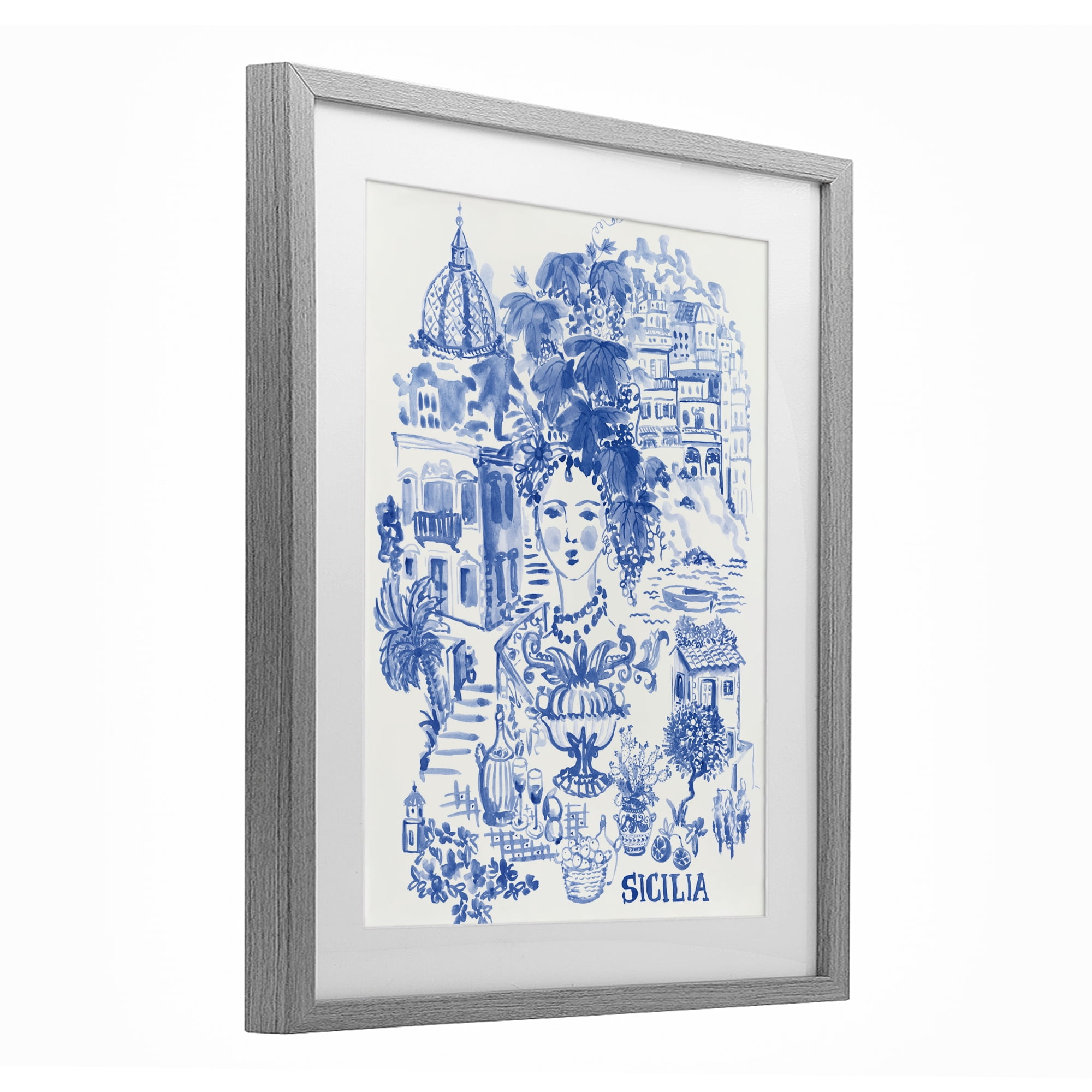 Stupell Industries Sicilia City In Blue Gray Framed Print Under Glass, design by Karolina Sato