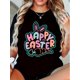 thumbnail image 1 of Women's Easter Bunny Graphic T-Shirt - Casual Short Sleeve, Round Neck, Top with "Happy Easter" Text and Heart Detail, Perfect Spring/Summer Gift, Spring Fashion|Festive T-shirt, 1 of 8