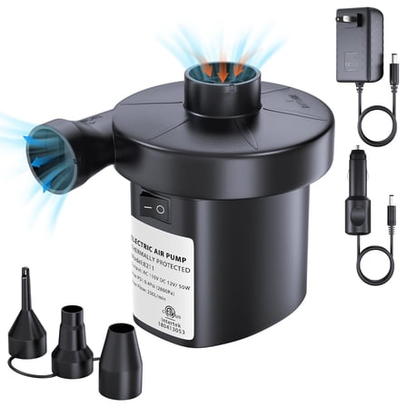 Air Pump Electric Air Pump for Inflatables Air Mattress Pump with 3 Nozzles Inflator Deflator for Air Beds Swimming Ring Inflatable Pool Toys 110V AC/12V DC (50W)