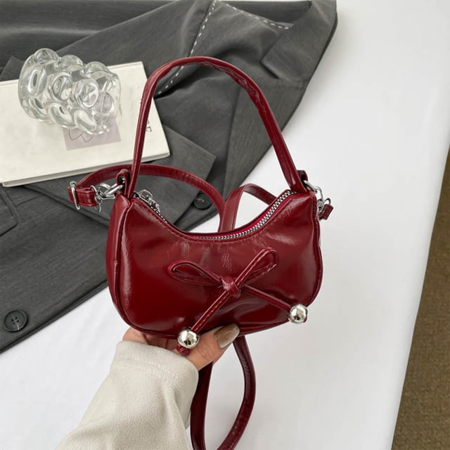 Bolso de axila mini en forma de media luna con lazo y decoraciones de cuentas metálicas, estilo cruzado y de mano, material de PU, múltiples colores para uso diario.