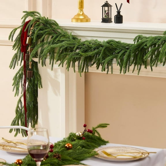 Guvpev 6FT Artificial Norfolk Pine Garland, Real Touch Faux Greenery Garland for Fireplace Mantel, Table Runner, Doorway, Christmas & Fall Holiday Decorations