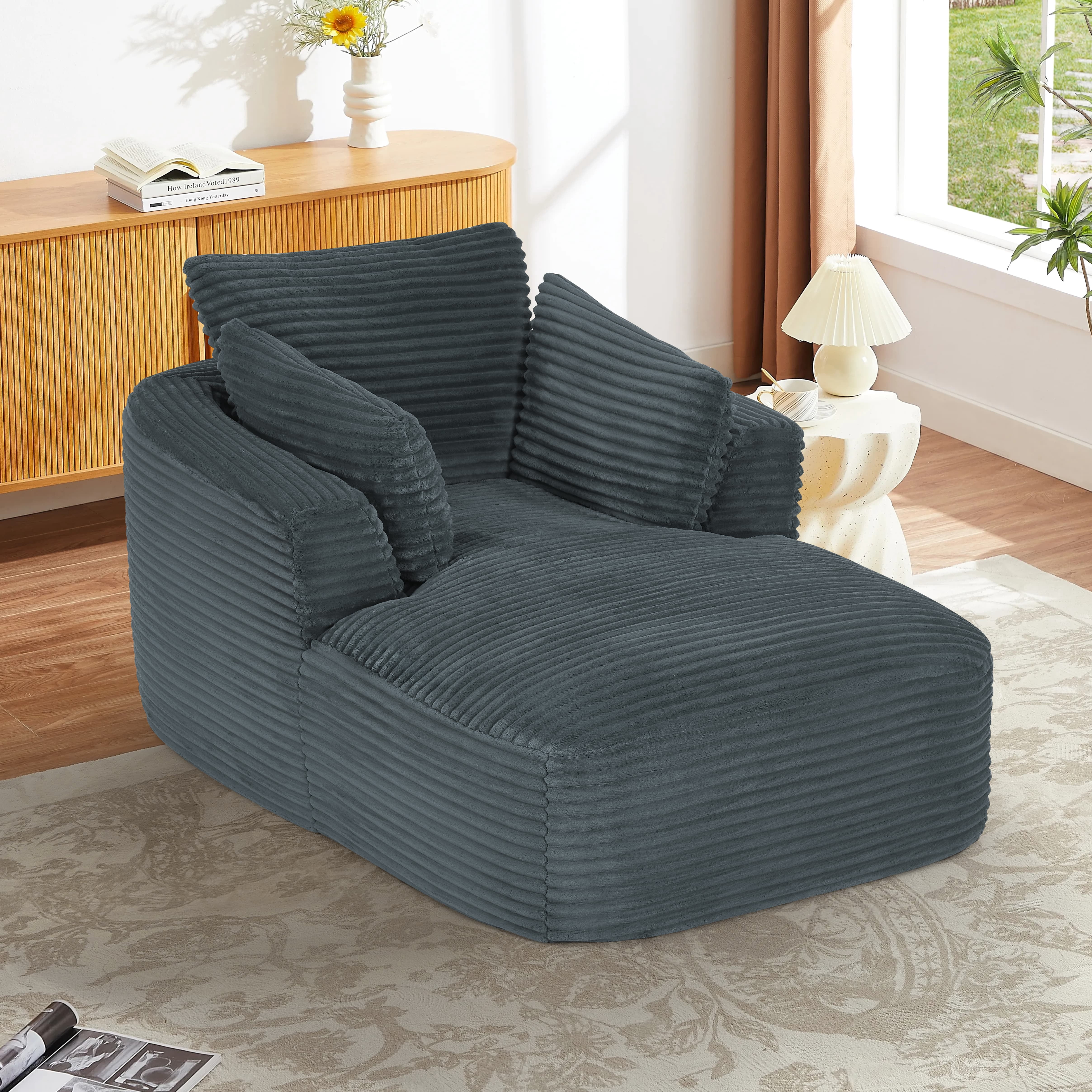 MAYEERTY Oversized Corduroy Chaise Lounge Sofa, Modern Couch with Spring Cushion for Apartment, 45*65*36"Dark Grey