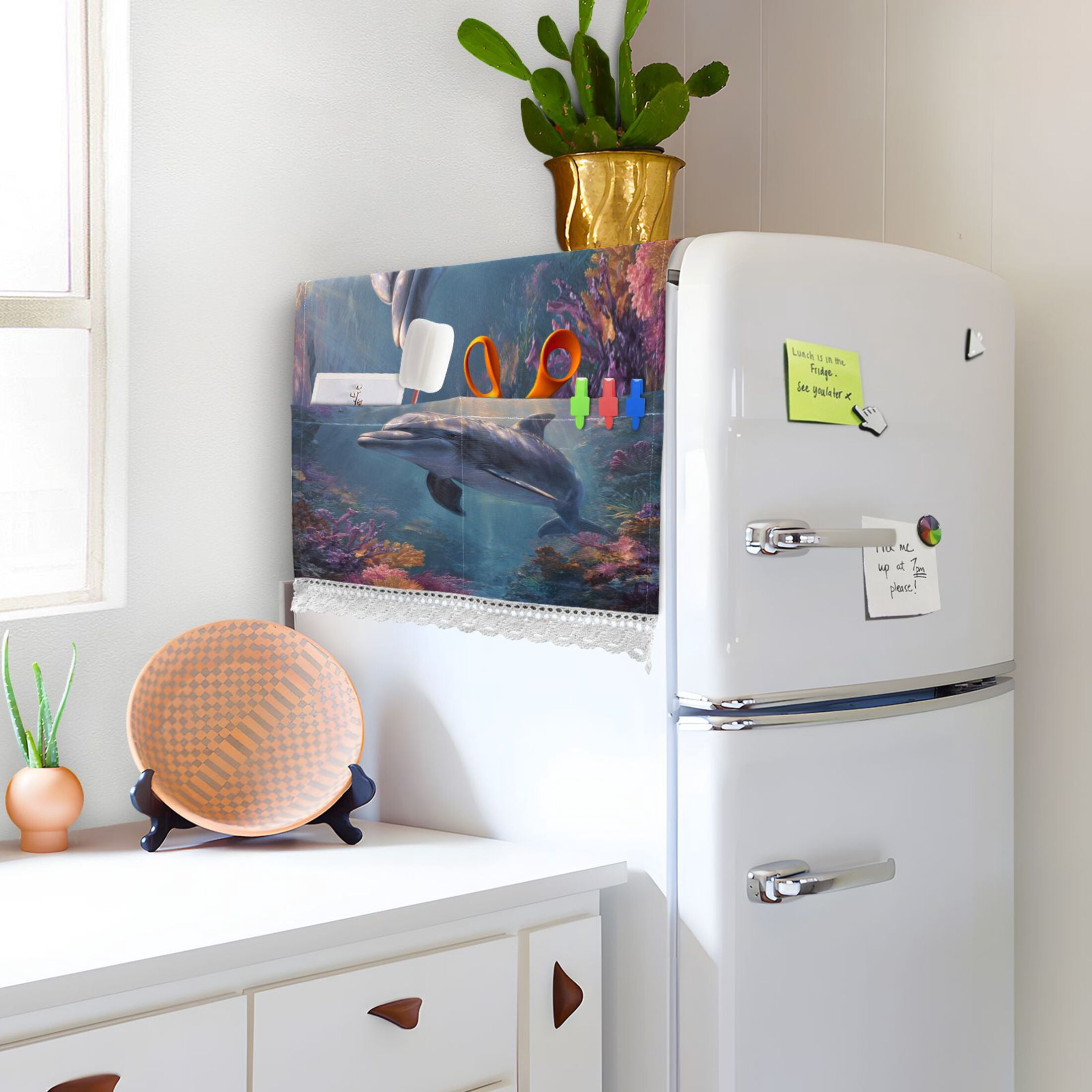 Washing Machine Cover 51.2x22in, Durable Polyester Dust Cover with Lace Trim and Side Pocket for Appliances Dolphin
