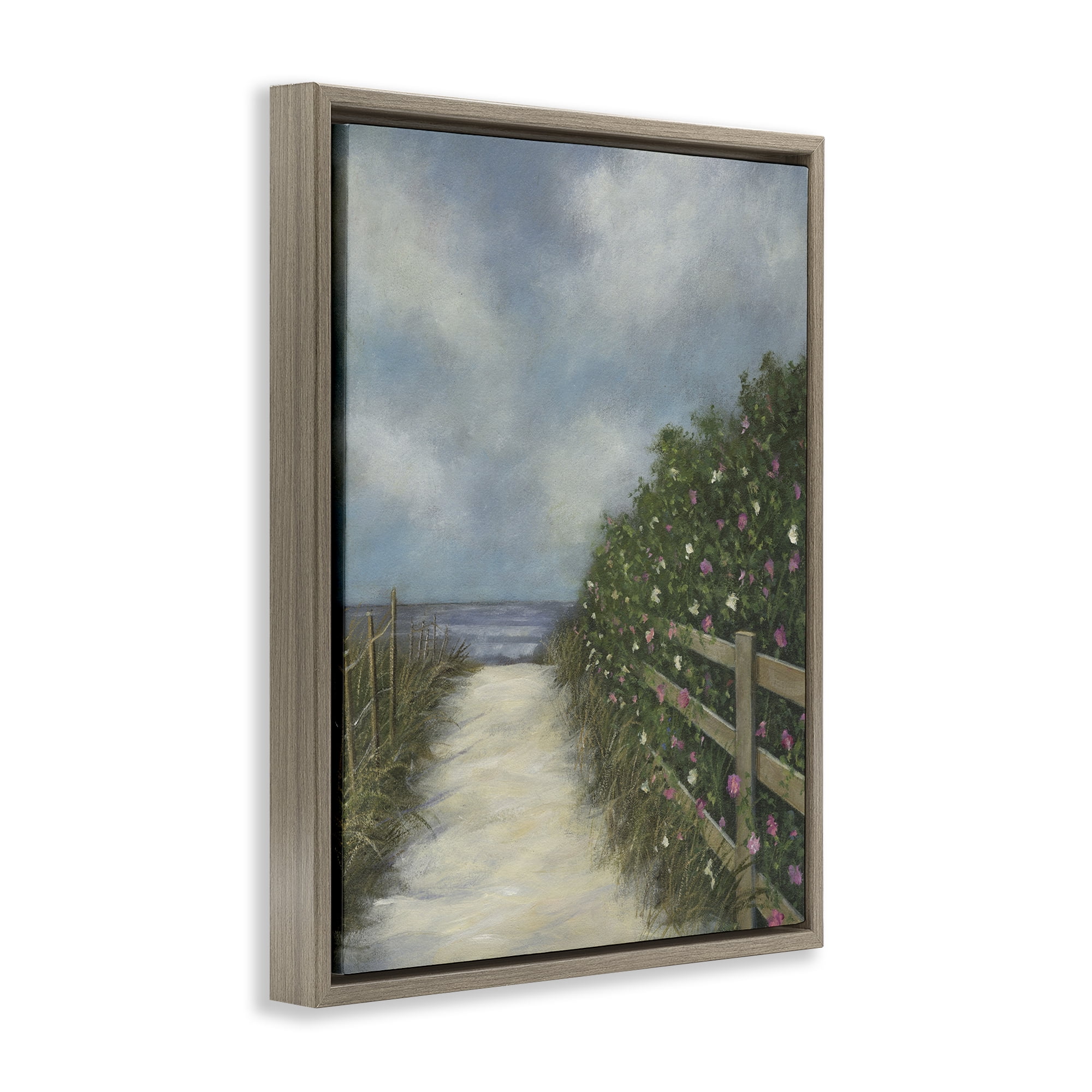Stupell Industries Floral Lined Beach Path Landscape Painting Brown Floater Framed Canvas Art Print Wall Art, 17 x 21
