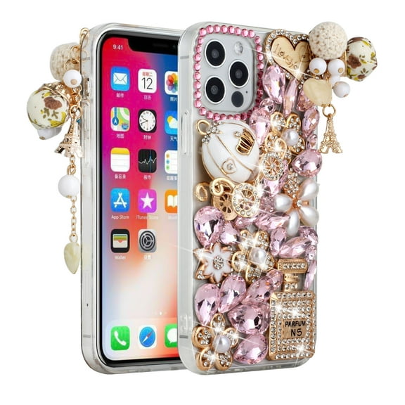 Designed for Apple iPhone 15 Pro Max (6.7") Bling Crystal 3D Full Diamonds Luxury Sparkle Rhinestone Hybrid Protective Phone Case Cover [Ultimate Multi Ornament Pink]