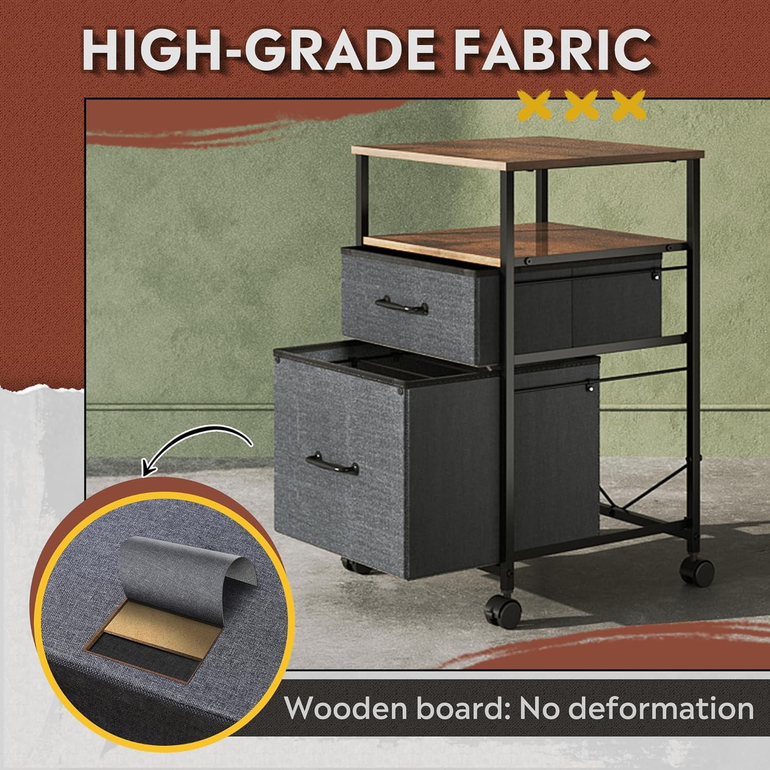 2 Drawer Mobile File Cabinet, Rolling Printer Stand with Open Storage Shelf, Fabric Vertical Filing Cabinet fits A4 or Letter Size for Home Office