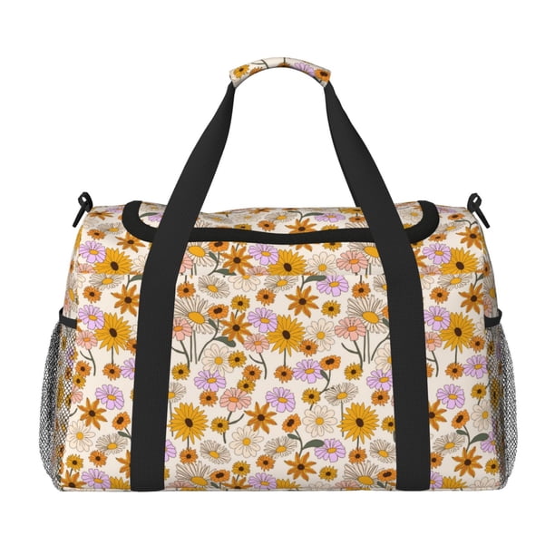 Fotbe Boho Flowers Bolsa de Viaje con Estampado, Bolsa de Fin de Semana para Mujer con Compartimento para Zapatos, Bolsa de Gimnasio con Bolsillo Húmedo
