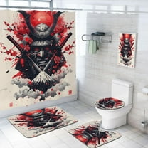 4 Pcs Japanese Samurai Bathroom Shower Curtain Set with Rug, Toilet Lid Cover and Bath Mat Watercolor Ink Samurai Anime Bathroom Shower Curtain with 12 Hooks Accessories Decorative