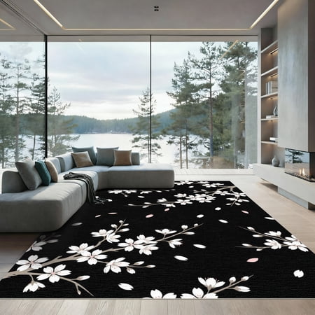 ODIKA 4'x6' Machine Washable Non-Slip Area Rug, Japanese Black High Traffic Rug, Black, 1243812