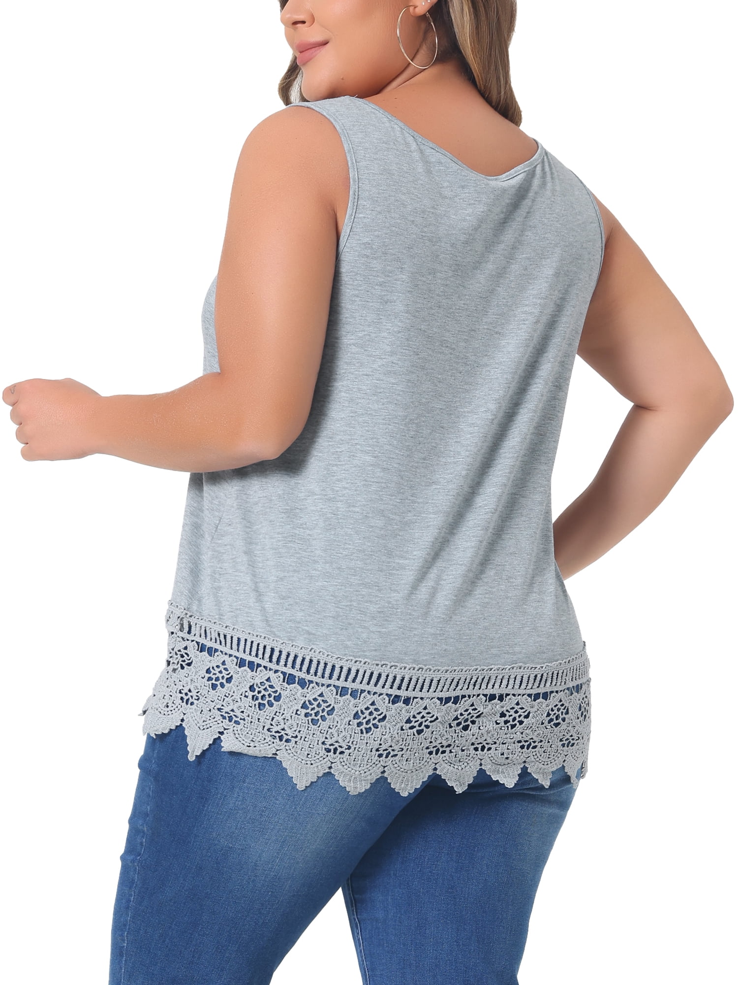 DARING DIVA Women's Plus Tank Tops Round Neck Swing Lace Panel Flowy Tops 3X Grey