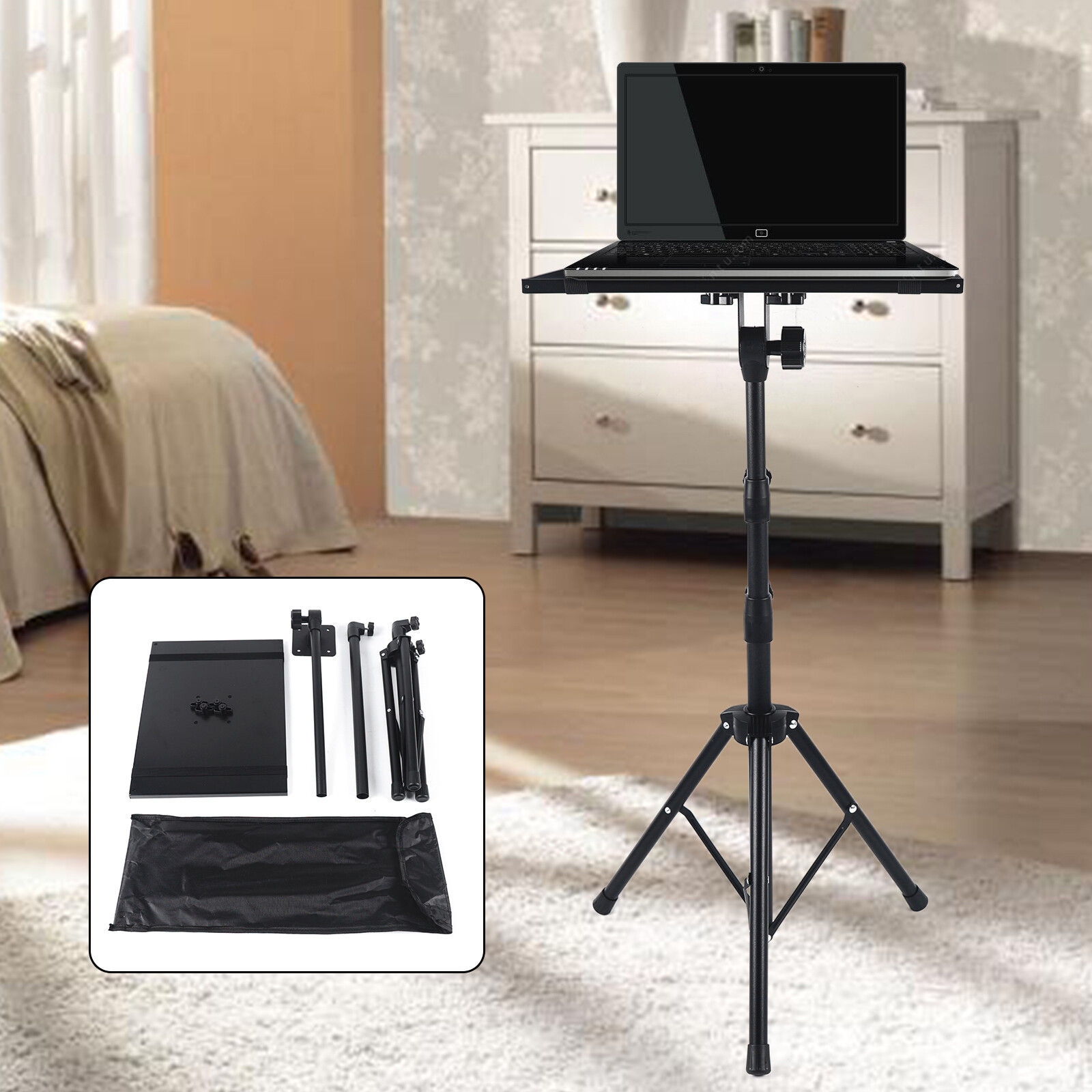 Metal Adjustable Tripod Stand With Tray Laptop Projector Outdoor Home Office For A Bedroom, Living Room, Study, Office