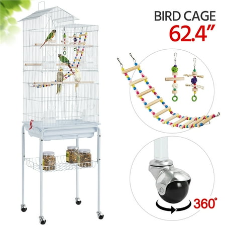 Yaheetech 62.4"H Rolling Metal Birdcage Parrot Cage with Detachable Stand, White