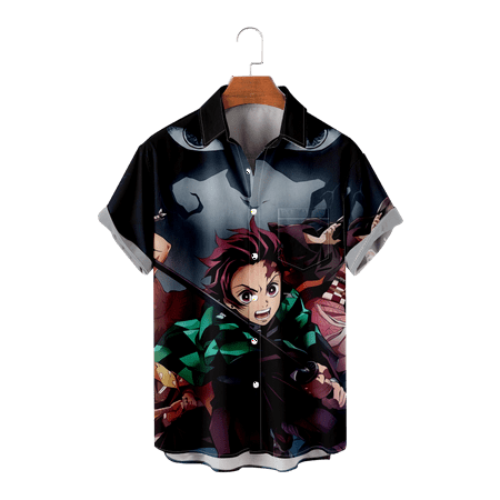 

MLFU Demon Slayer Adult Kids Shirt Button Down Short Sleeve Anime Printed Hawaii Shirts with Pocket Bowling Shirts for Men Women