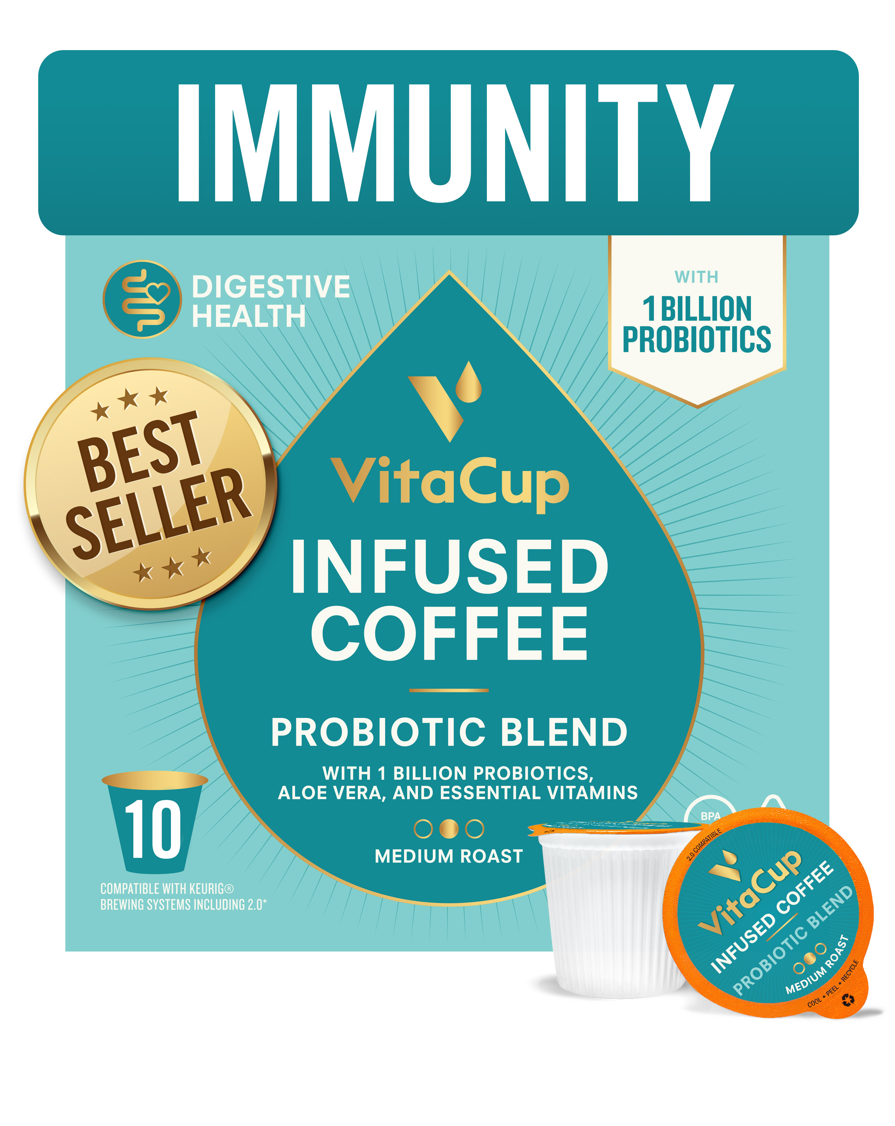 VitaCup Probiotic Blend Coffee Pods 10ct w/ Probiotics, Aloe Vera