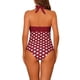 thumbnail image 3 of Monokini de lunares con cuello halter para mujer, traje de baño de una pieza con control de abdomen y corte, color rojo burdeos, talla X-Small, 3 of 5