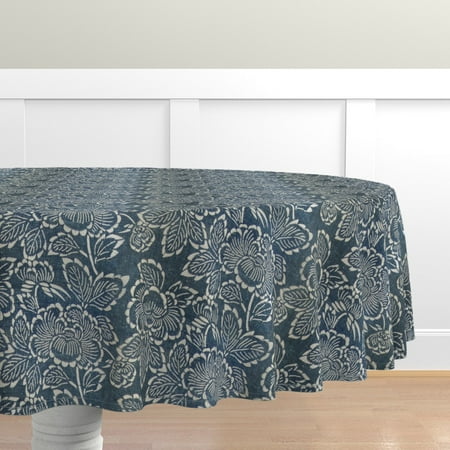 

Cotton Sateen Tablecloth 90 Round - Indigo Boho Bohemian French Asian Floral Print Custom Table Linens by Spoonflower