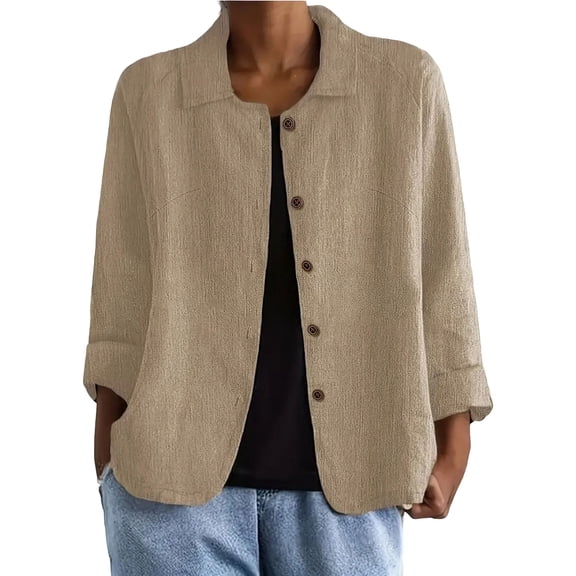 PBFRDSJ Tops for Women Trendy Summer Classic Pleated Textured Cotton Linen Jacket Single-Breasted Lapel Long Sleeve Cardigan Business Casual Work Outwear